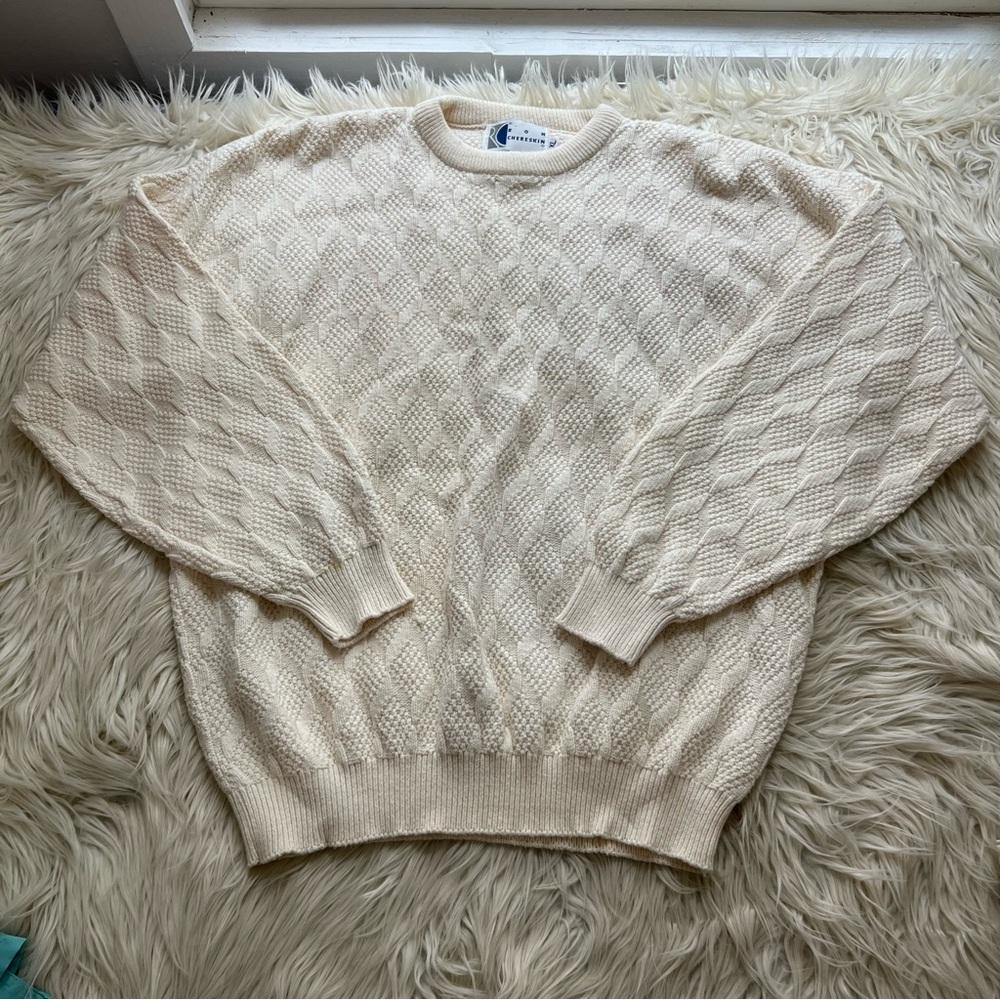 Vintage 90s Ron Chereskin White Textured Knit Sweater USA Cotton Men's Size XL